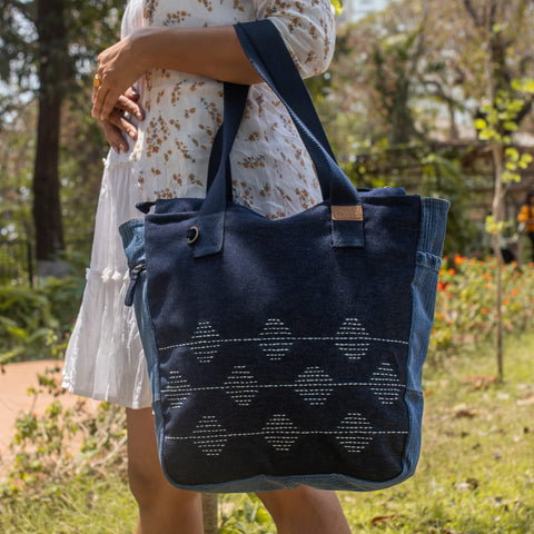 Blue - Upcycled Kantha Hand Embroidered Denim Large Tote Bag