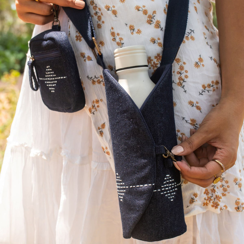 Upcycled Kantha Hand Embroidered Bottle Holder With Coin Pouch