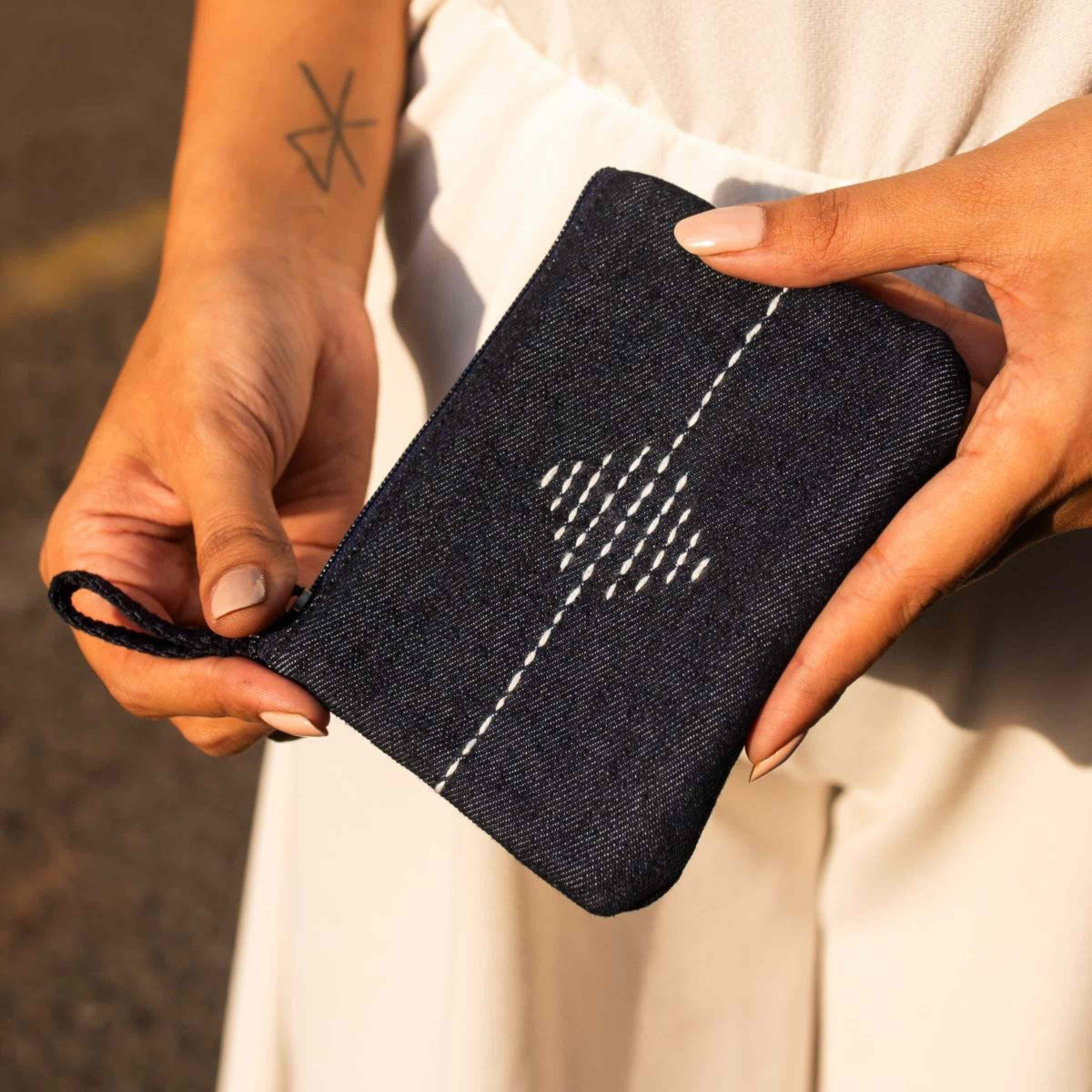 Black - Upcycled Kantha Hand Embroidered Wallet With Coin Pouch