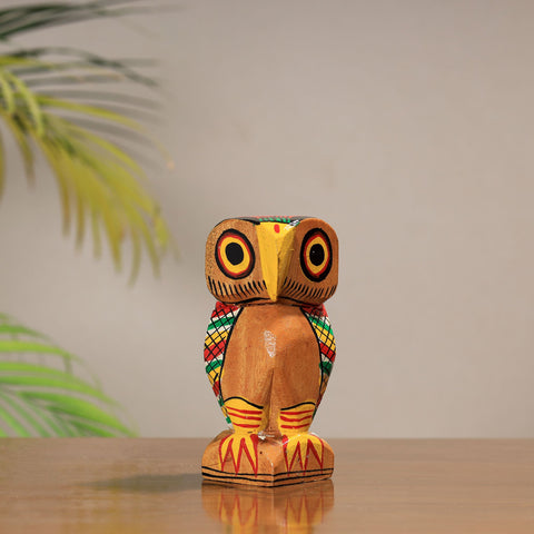 Vibrant Handpainted Burdwan Wooden Owl Sculpture for Décor