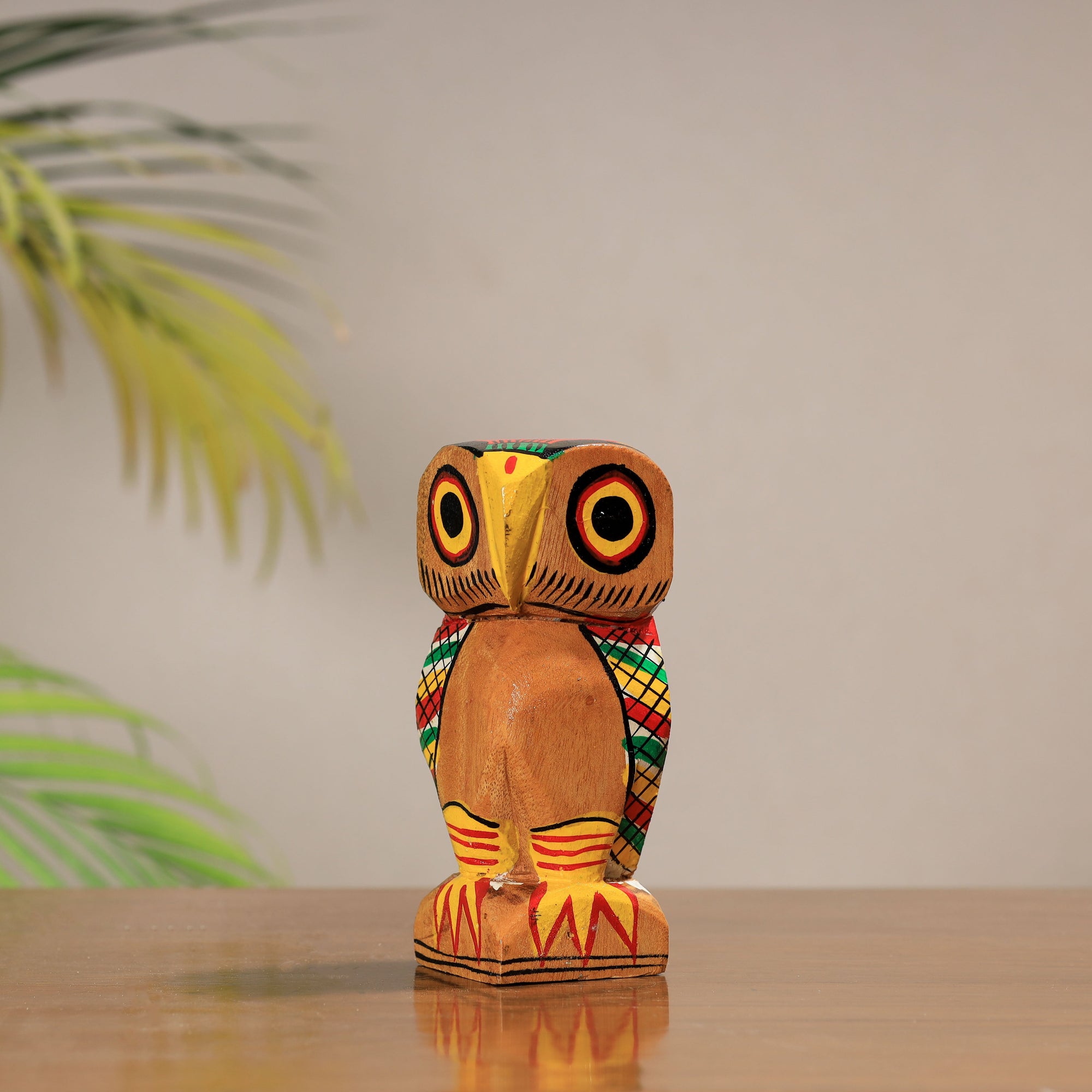 Vibrant Handpainted Burdwan Wooden Owl Sculpture for Décor