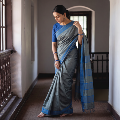 Grey Vidarbha Bamboo Tussar Cotton Dobby Border Handloom Saree, draped and worn by a woman, AI visual of the saree, iTokri