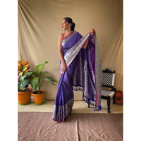 Blue - Khicha Checks Violet Litchi Silk Handwork Saree