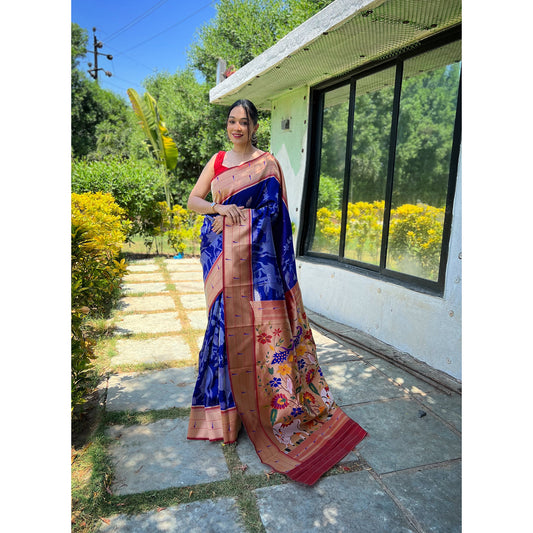 Blue - Gauri Violet Paithani Silk Handwork Saree