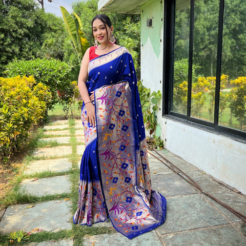 Blue - Gayatri Violet Paithani Silk Handwork Saree