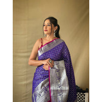 Blue - Khicha Checks Violet Litchi Silk Handwork Saree