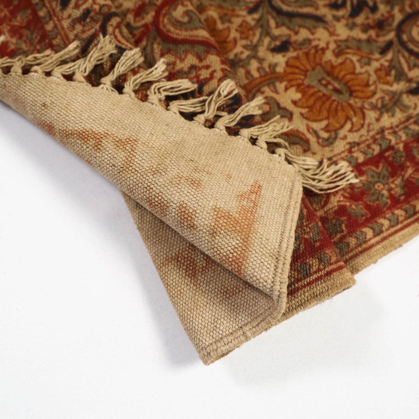 Red Warangal Weave Kalamkari Block Printed Cotton Carpet / Durrie / Rug