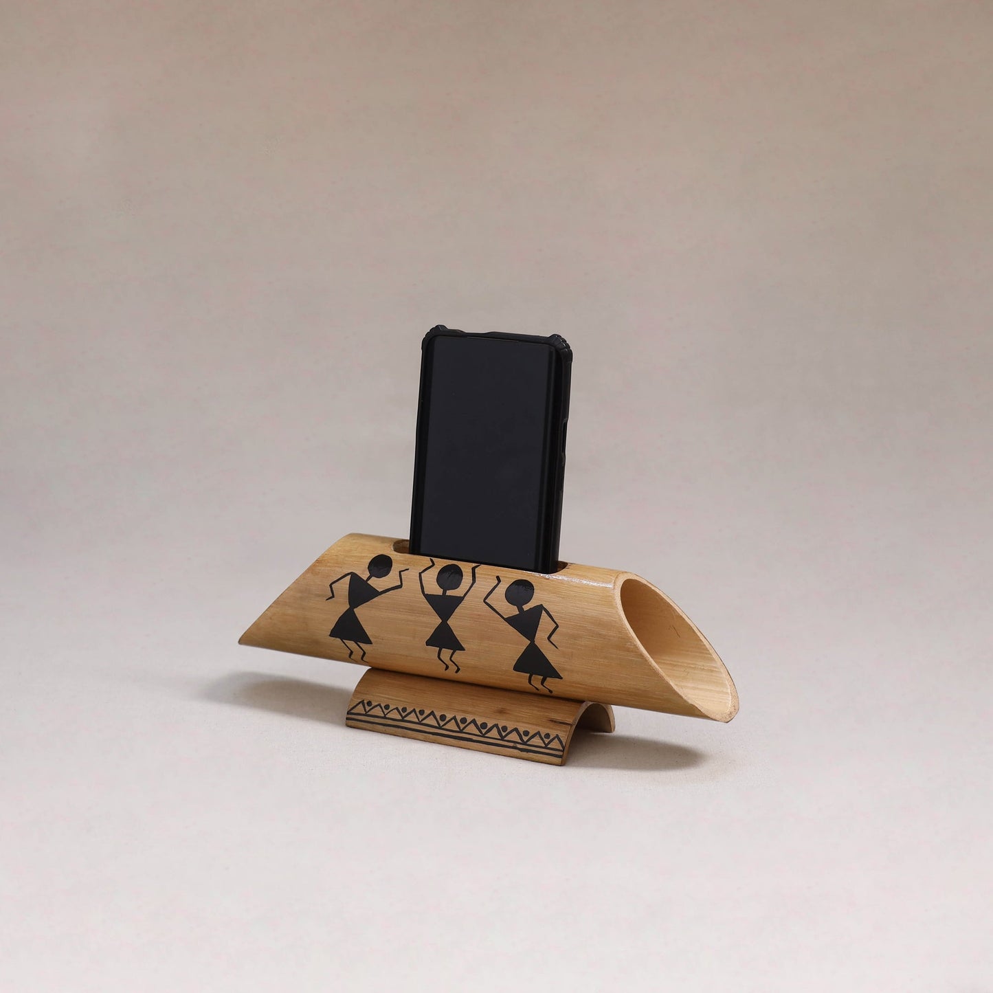 Warli handpainted hand carved natural bamboo wood phone