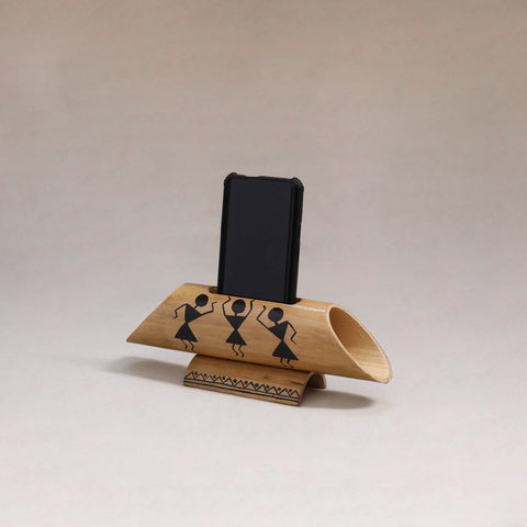 Warli handpainted hand carved natural bamboo wood phone