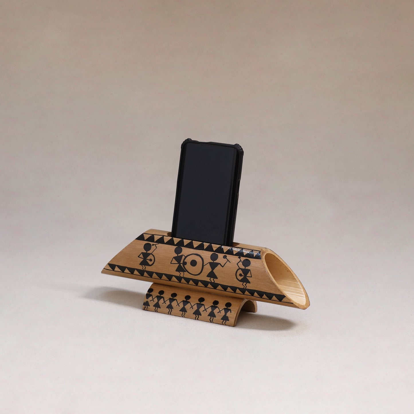 Warli handpainted hand carved natural bamboo wood phone
