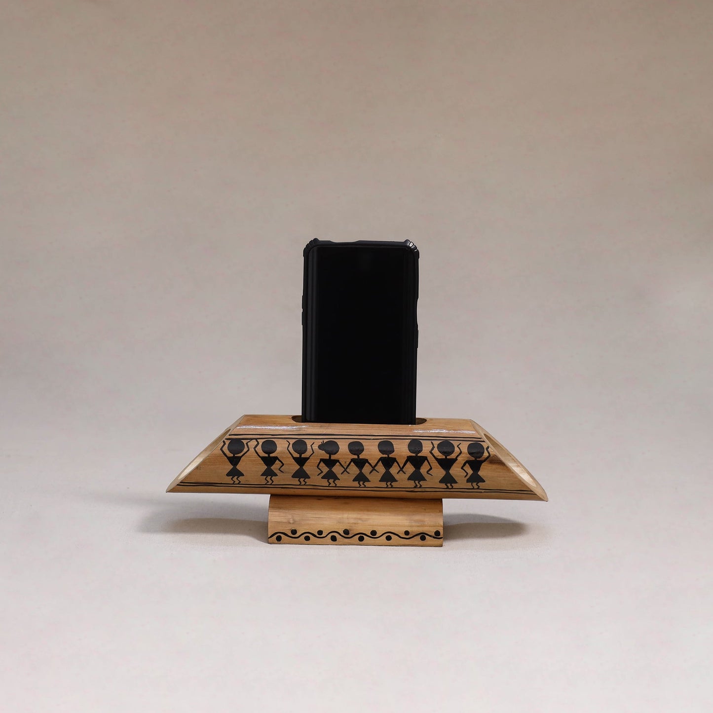 Warli handpainted hand carved natural bamboo wood phone