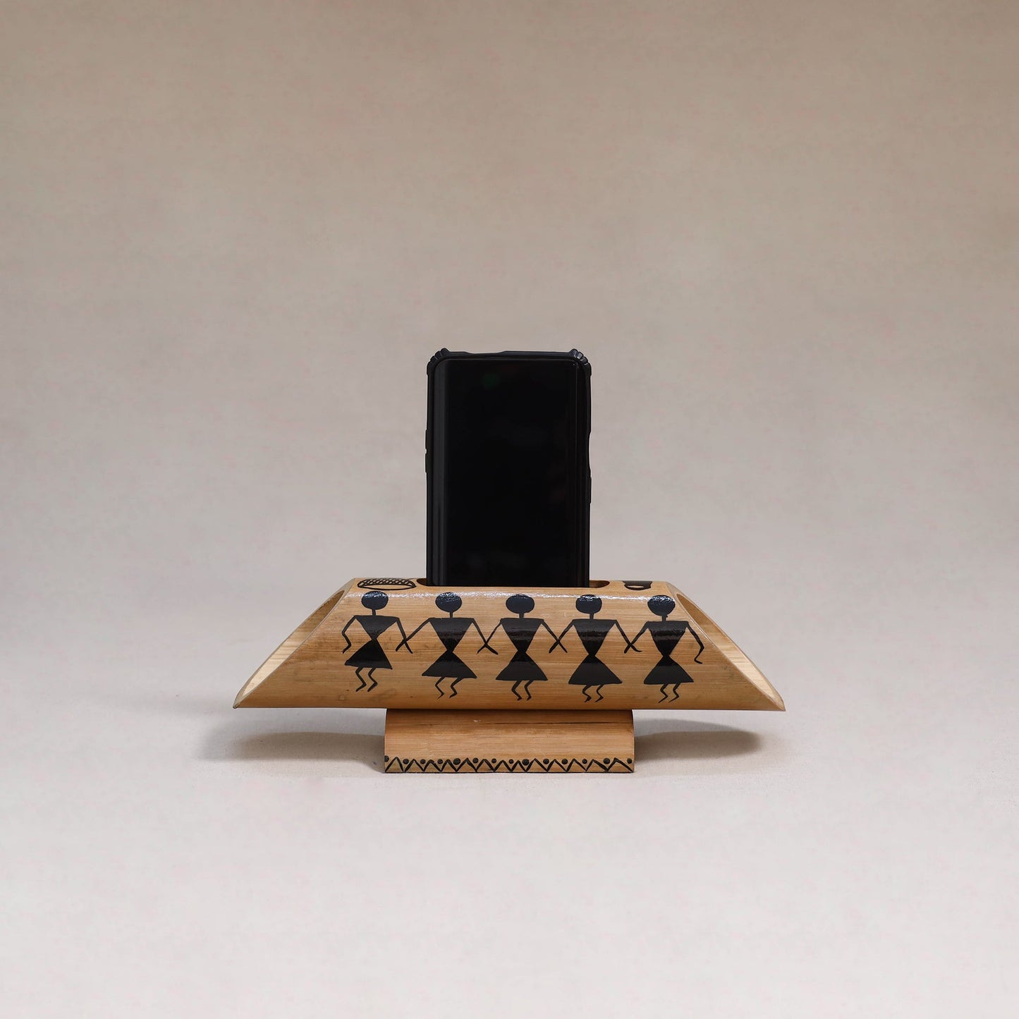 Warli handpainted hand carved natural bamboo wood phone