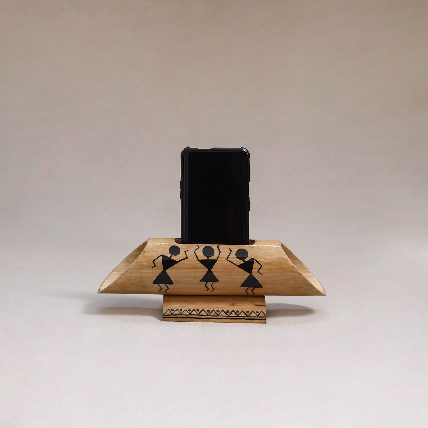 Warli handpainted hand carved natural bamboo wood phone