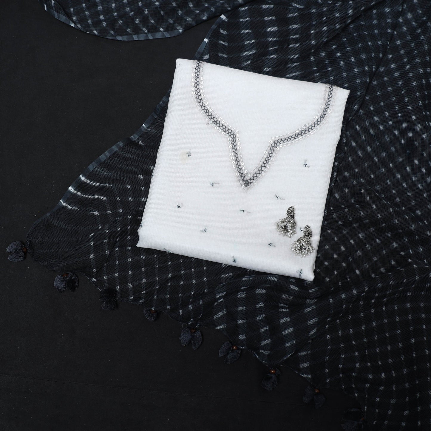 White - 2pc cotton unstitched hand embroidery kota doria