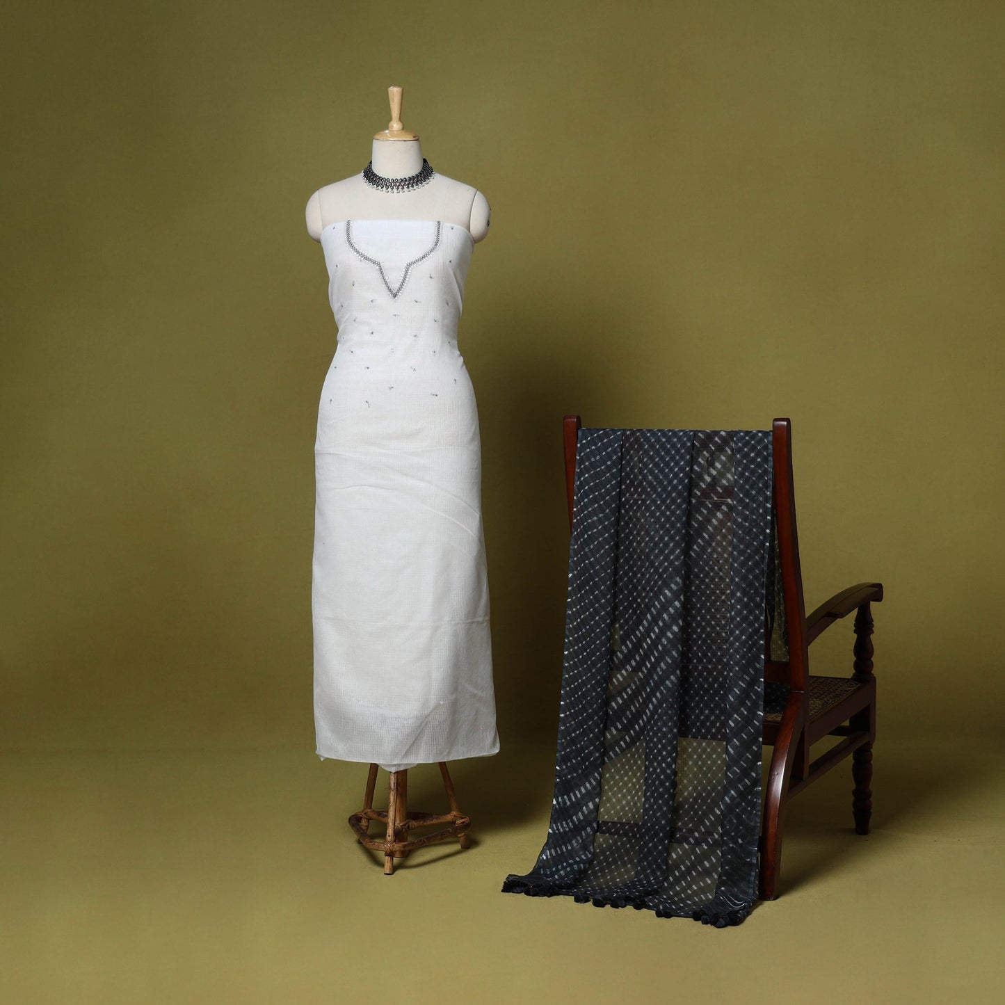 White - 2pc cotton unstitched hand embroidery kota doria