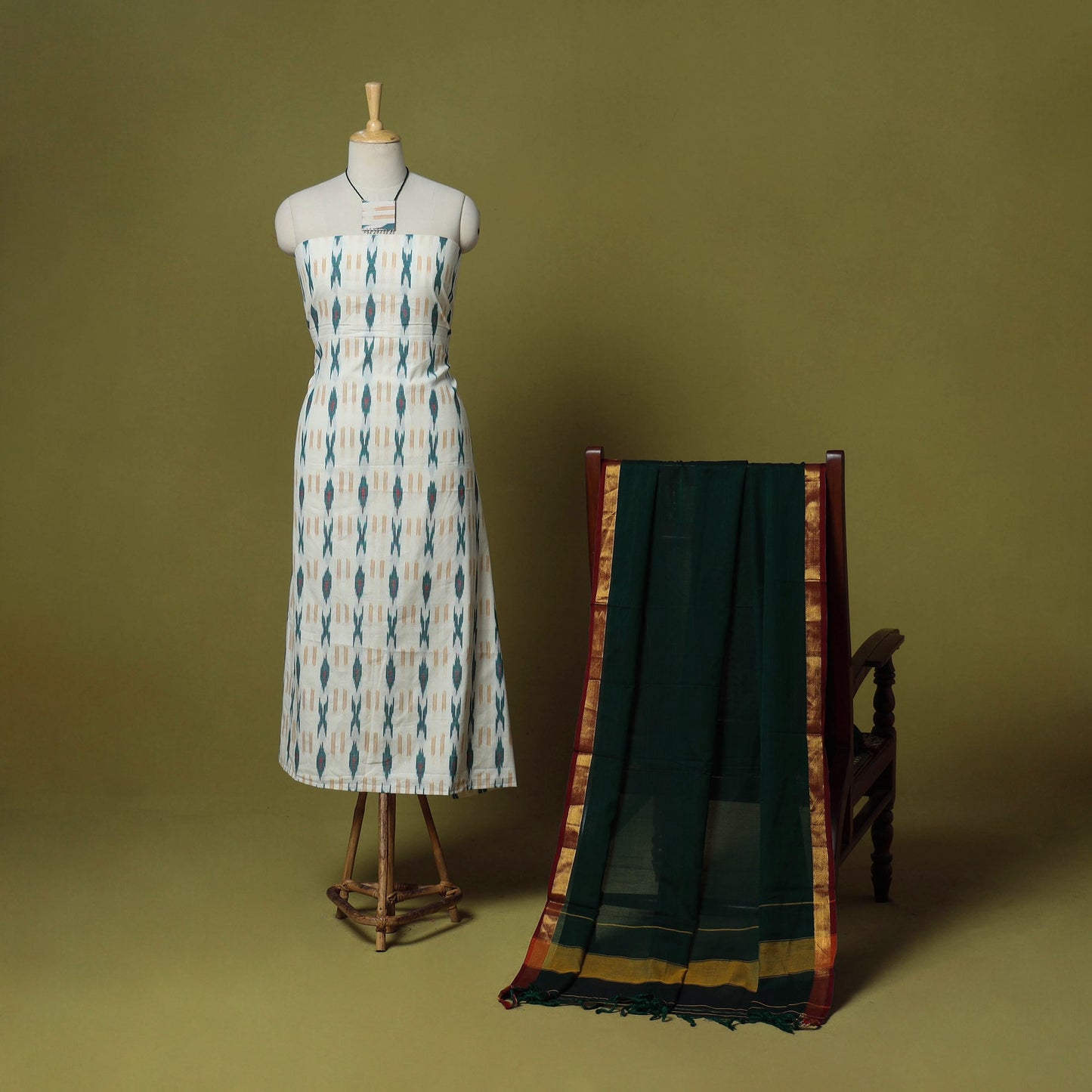 White - 2pc cotton unstitched pochampally ikat dress