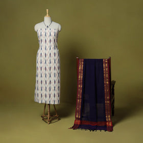 White - 2pc cotton unstitched pochampally ikat dress