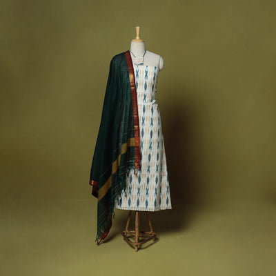 White - 2pc cotton unstitched pochampally ikat dress
