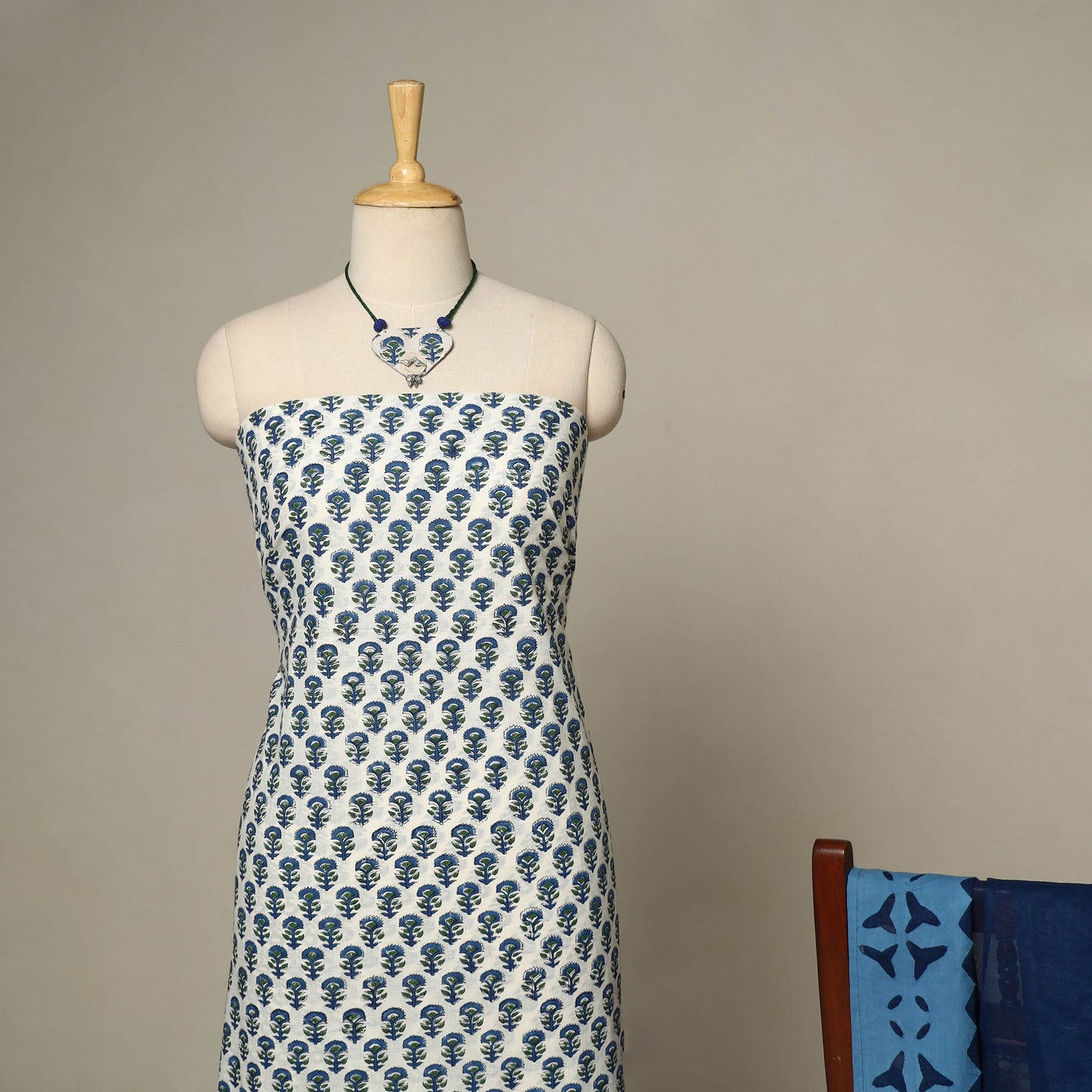 White - 2pc cotton unstitched sanganeri dress material