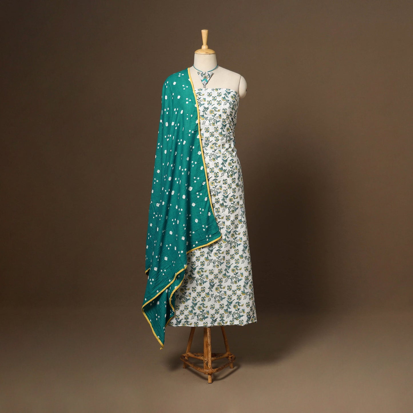 White - 2pc cotton unstitched sanganeri dress material