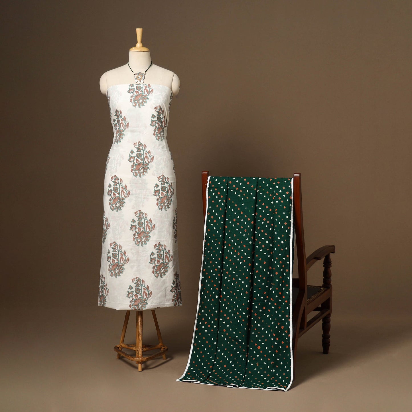 White - 2pc cotton unstitched sanganeri dress material