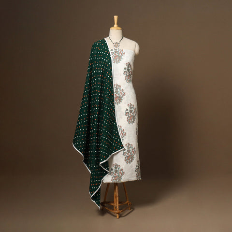 White - 2pc cotton unstitched sanganeri dress material