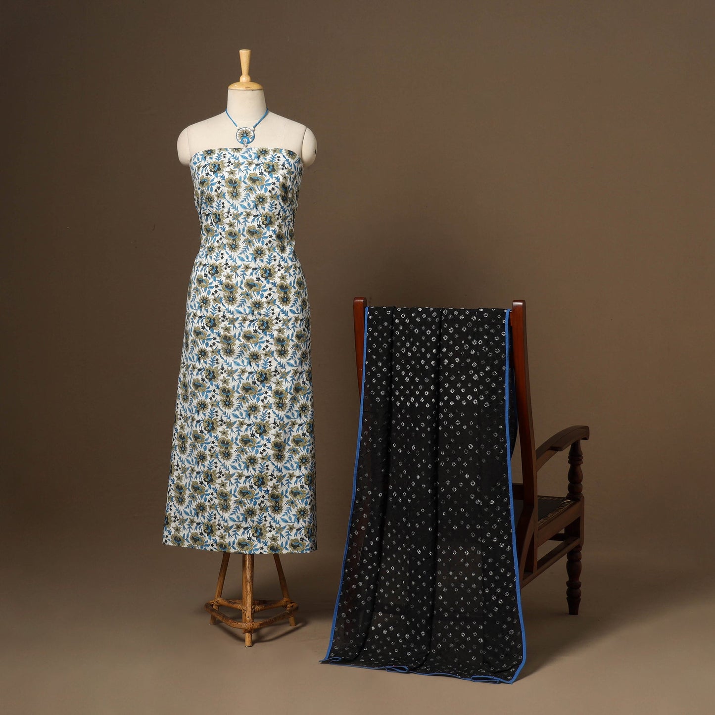 White - 2pc cotton unstitched sanganeri dress material