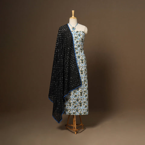 White - 2pc cotton unstitched sanganeri dress material