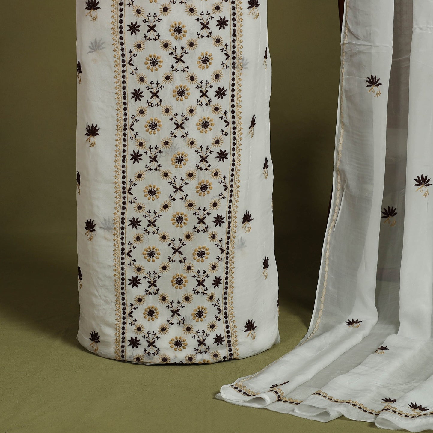 2pc White Hand Embroidery Chanderi Silk Chikankari Dress Material