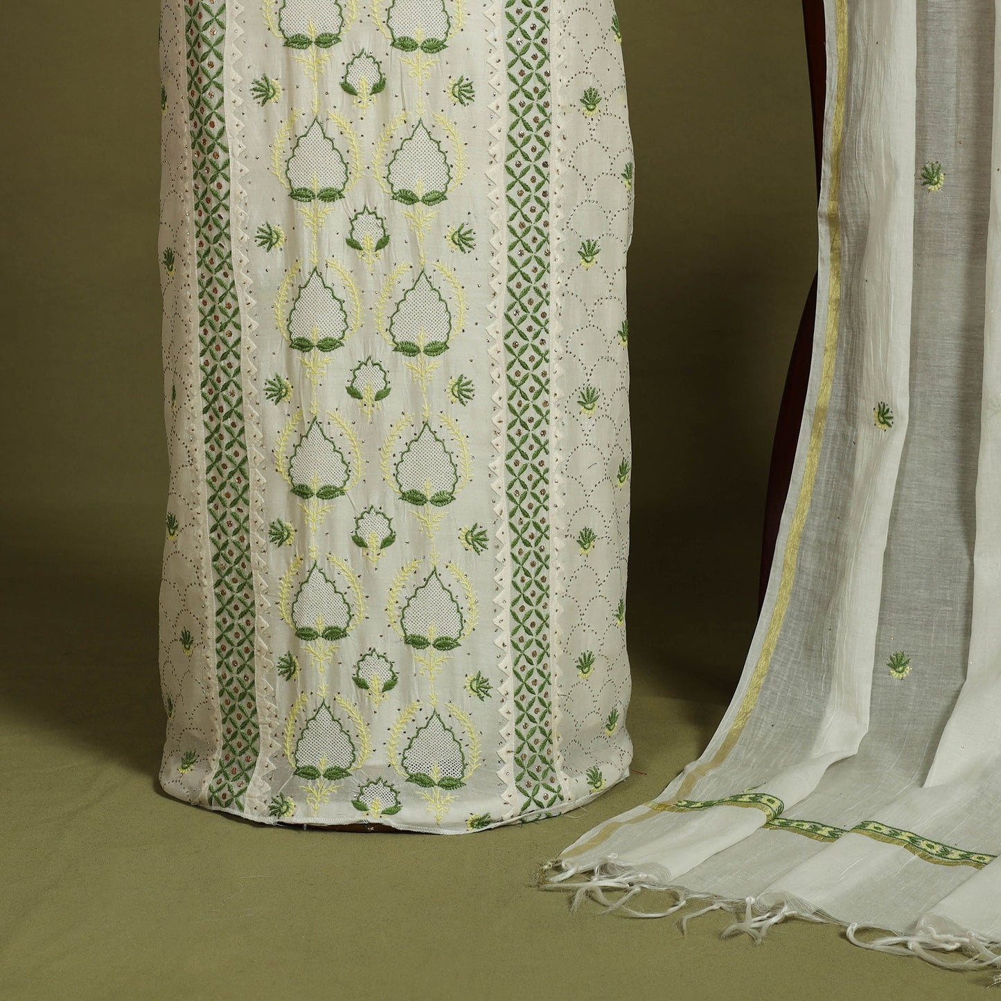 2pc White Hand Embroidery Chanderi Silk Chikankari Dress Material