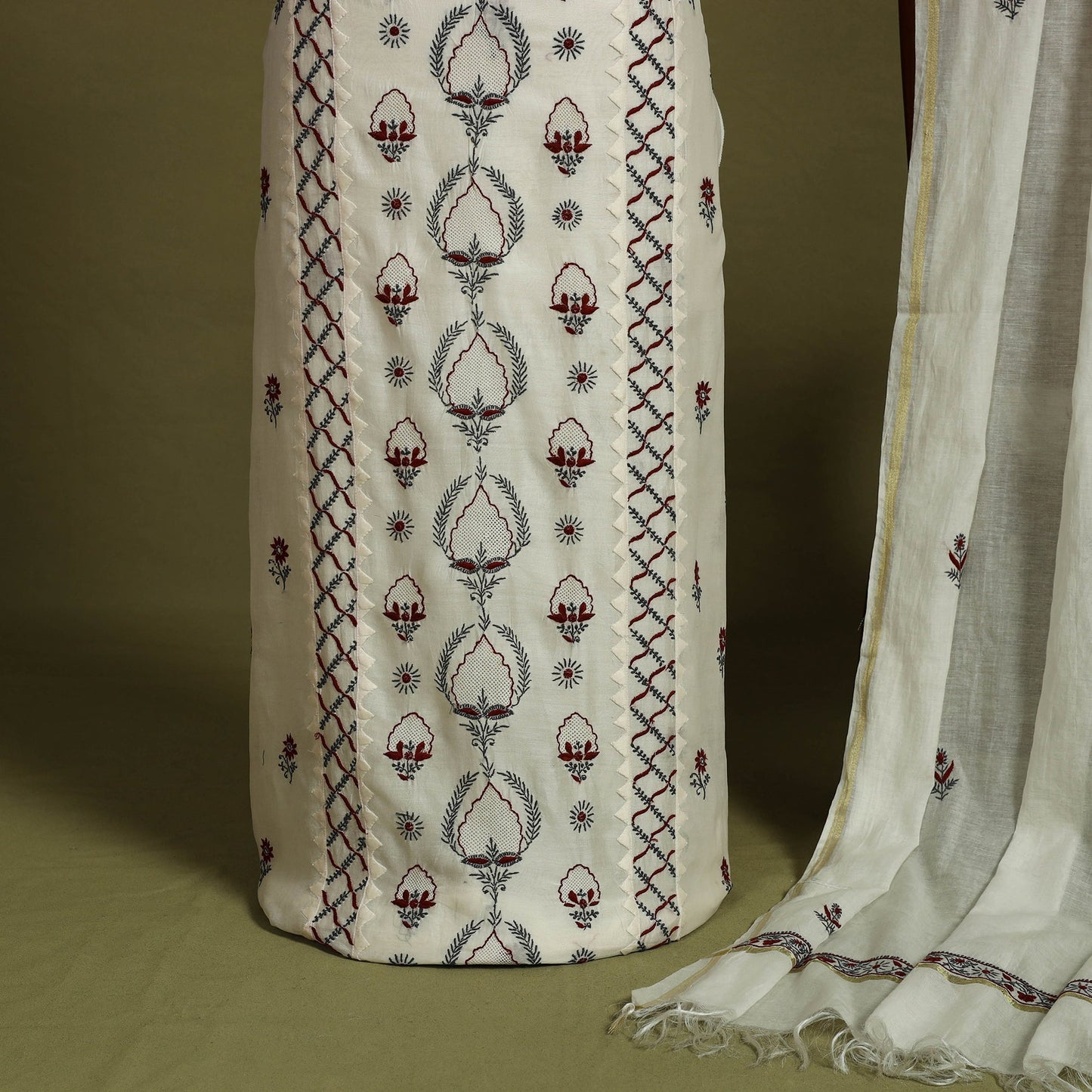 2pc White Hand Embroidery Chanderi Silk Chikankari Dress Material