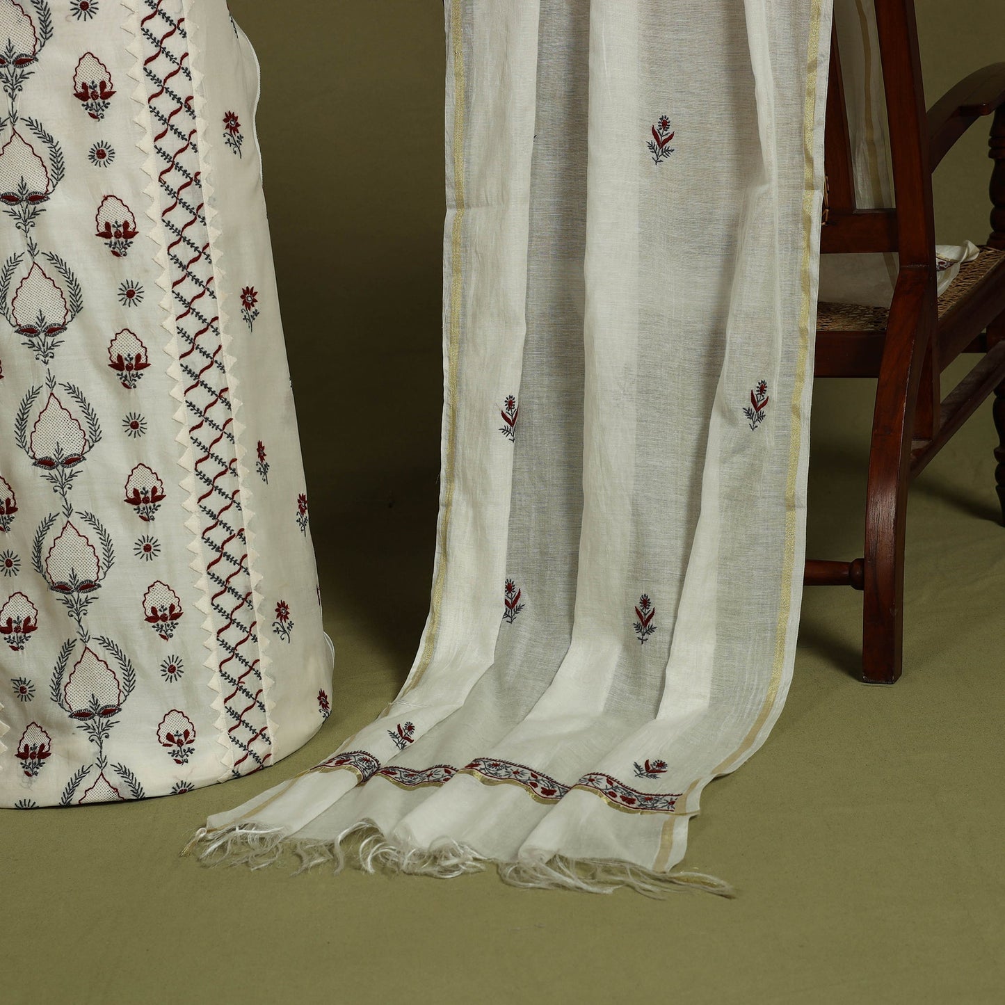 2pc White Hand Embroidery Chanderi Silk Chikankari Dress Material