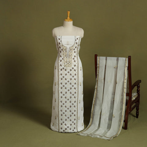 2pc White Hand Embroidery Chanderi Silk Chikankari Dress Material