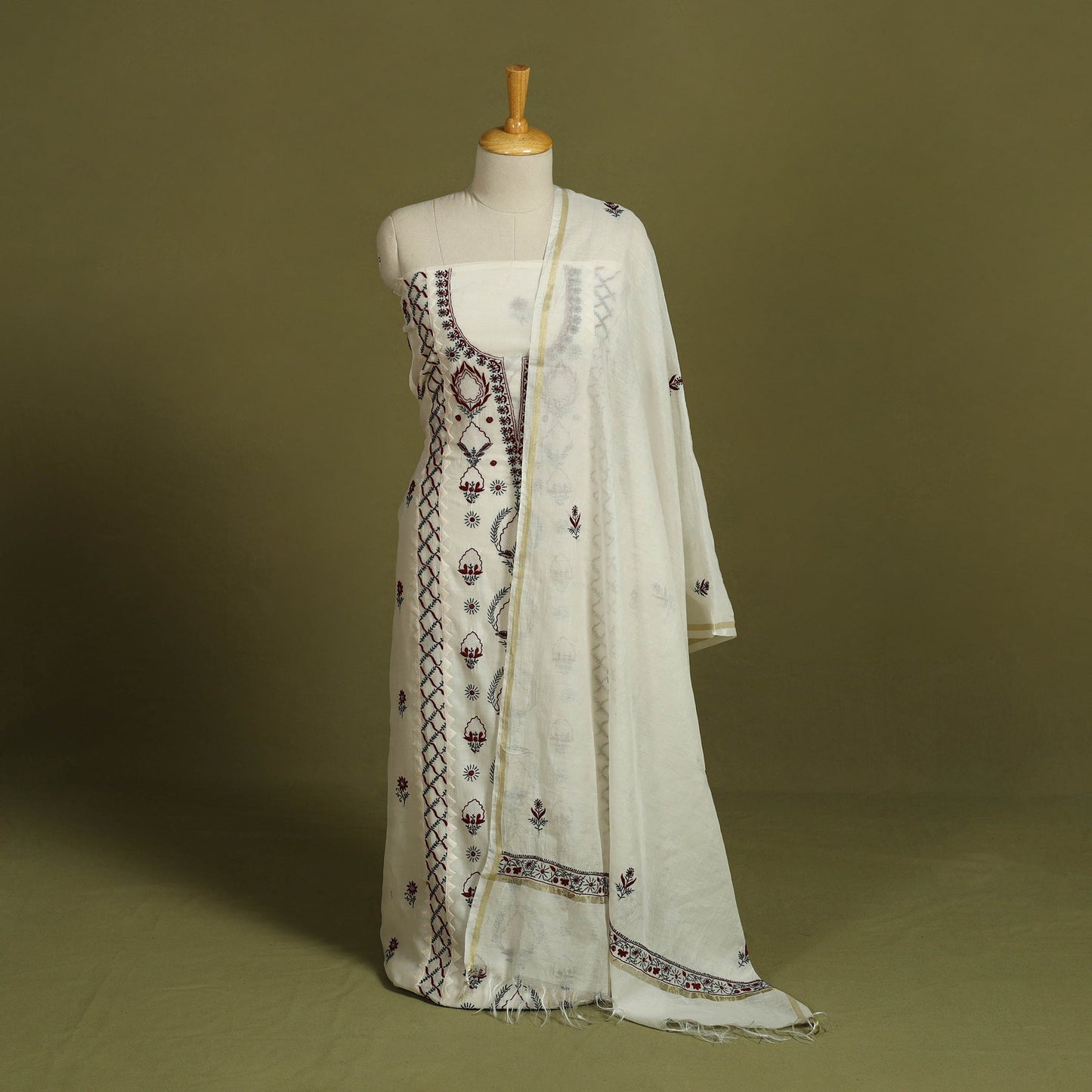 2pc White Hand Embroidery Chanderi Silk Chikankari Dress Material