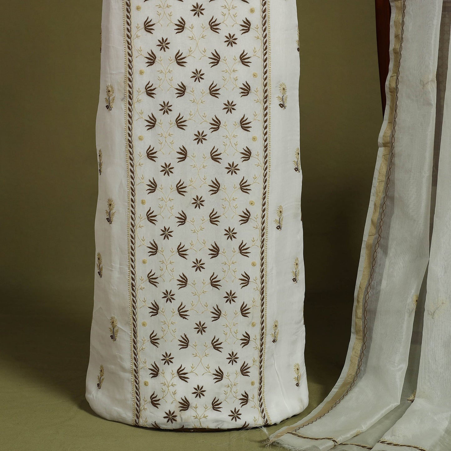 2pc White Hand Embroidery Chanderi Silk Chikankari Dress Material