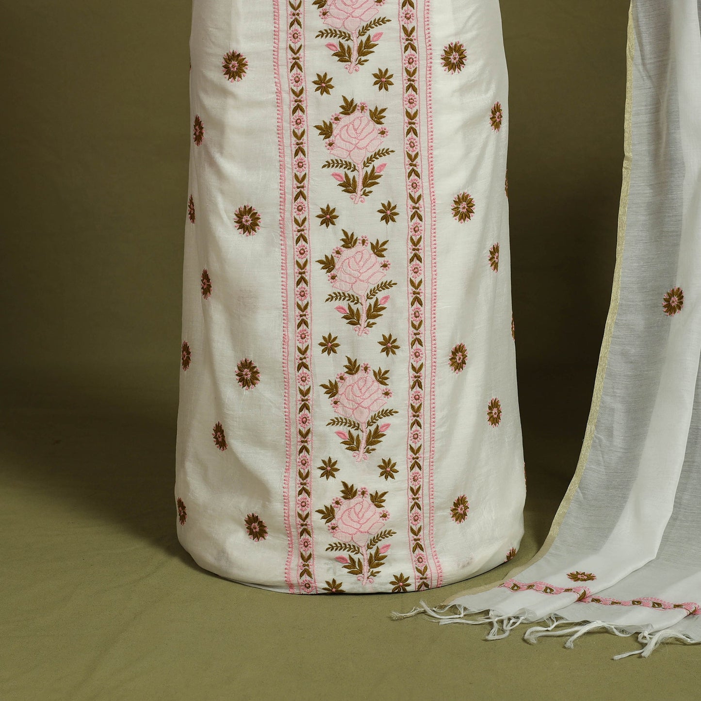 Buy 2pc White Hand Embroidery Chanderi Silk Chikankari Dress Material