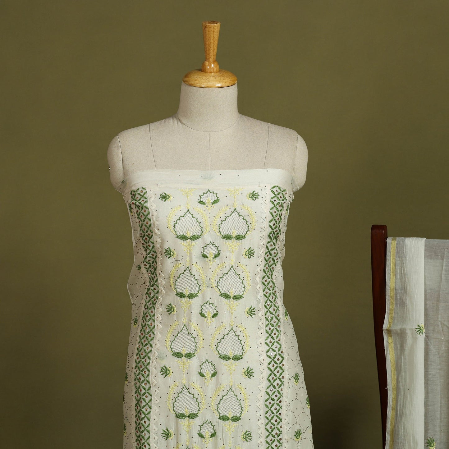 2pc White Hand Embroidery Chanderi Silk Chikankari Dress Material