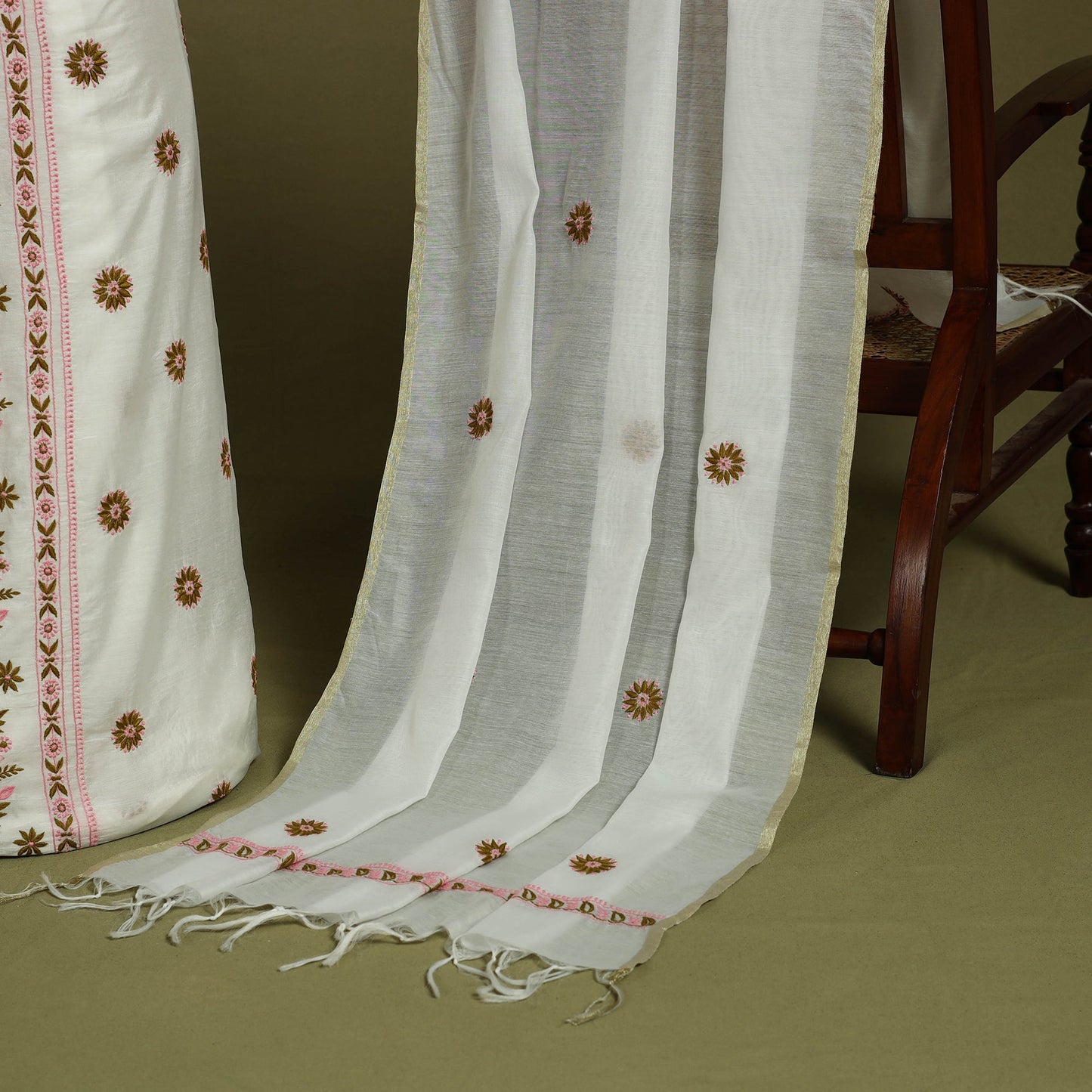 Buy 2pc White Hand Embroidery Chanderi Silk Chikankari Dress Material