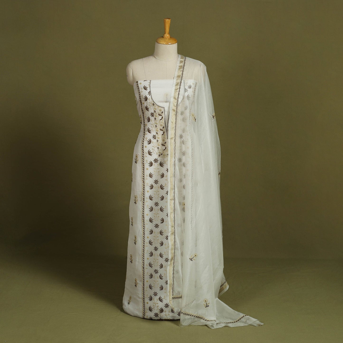 2pc White Hand Embroidery Chanderi Silk Chikankari Dress Material