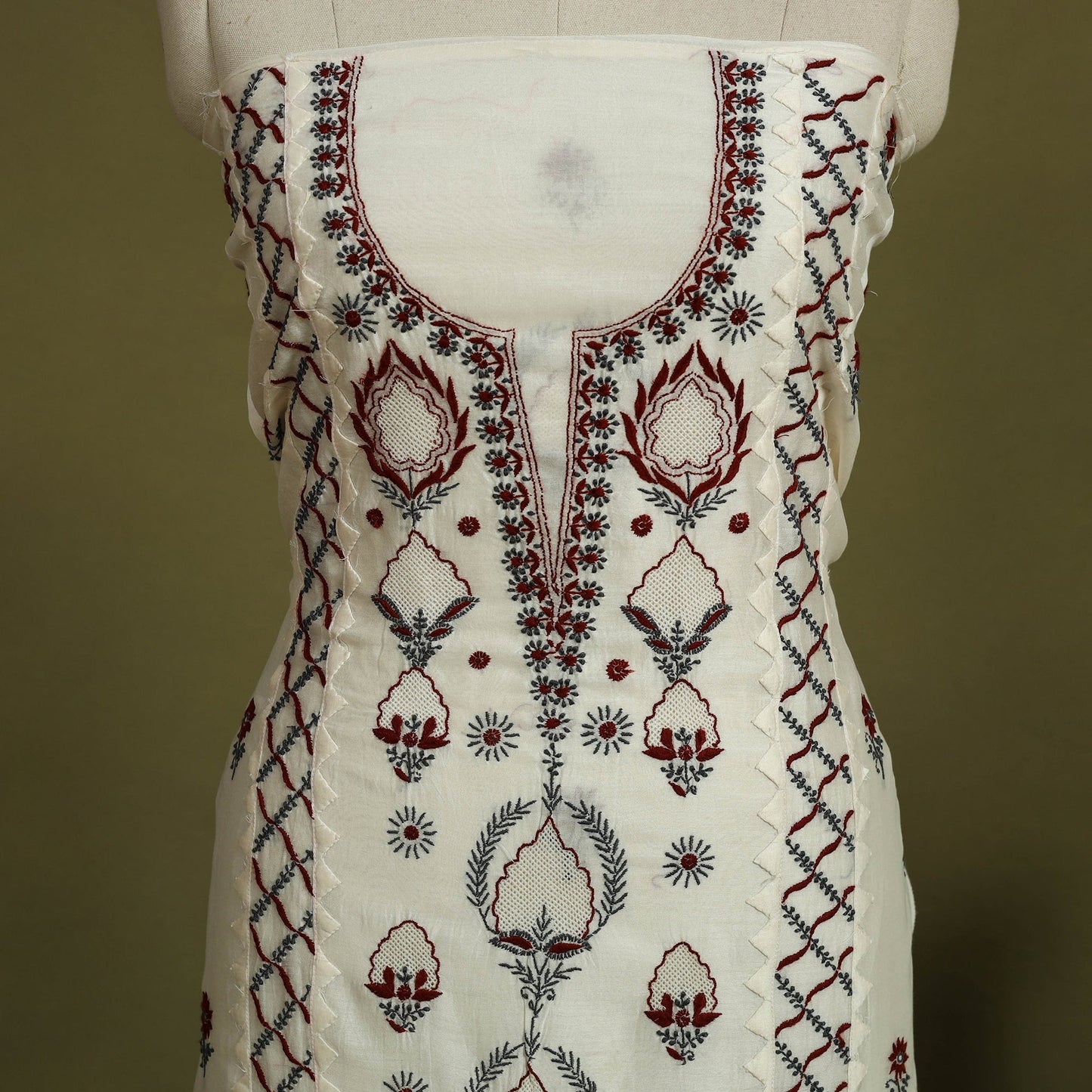 2pc White Hand Embroidery Chanderi Silk Chikankari Dress Material