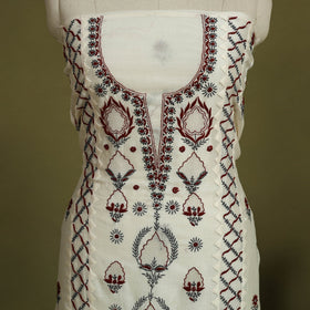 2pc White Hand Embroidery Chanderi Silk Chikankari Dress Material