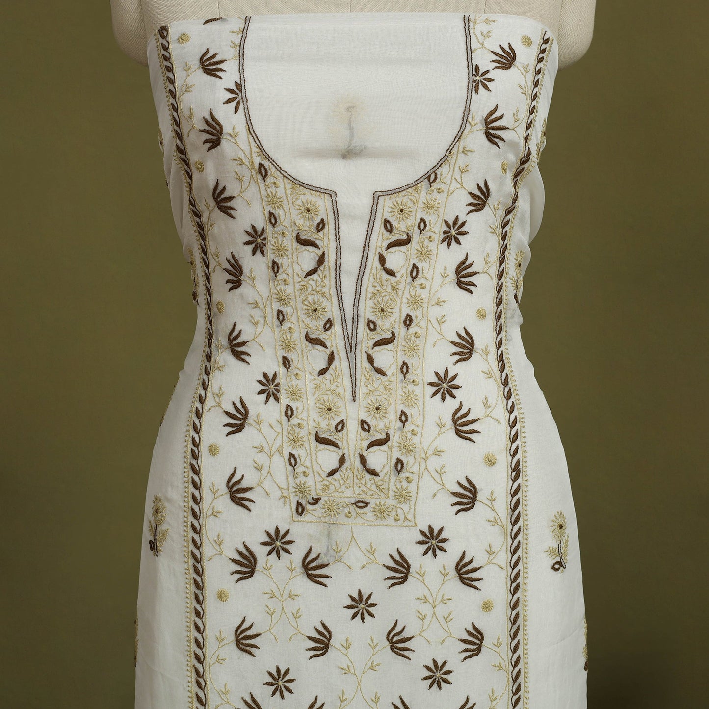 2pc White Hand Embroidery Chanderi Silk Chikankari Dress Material