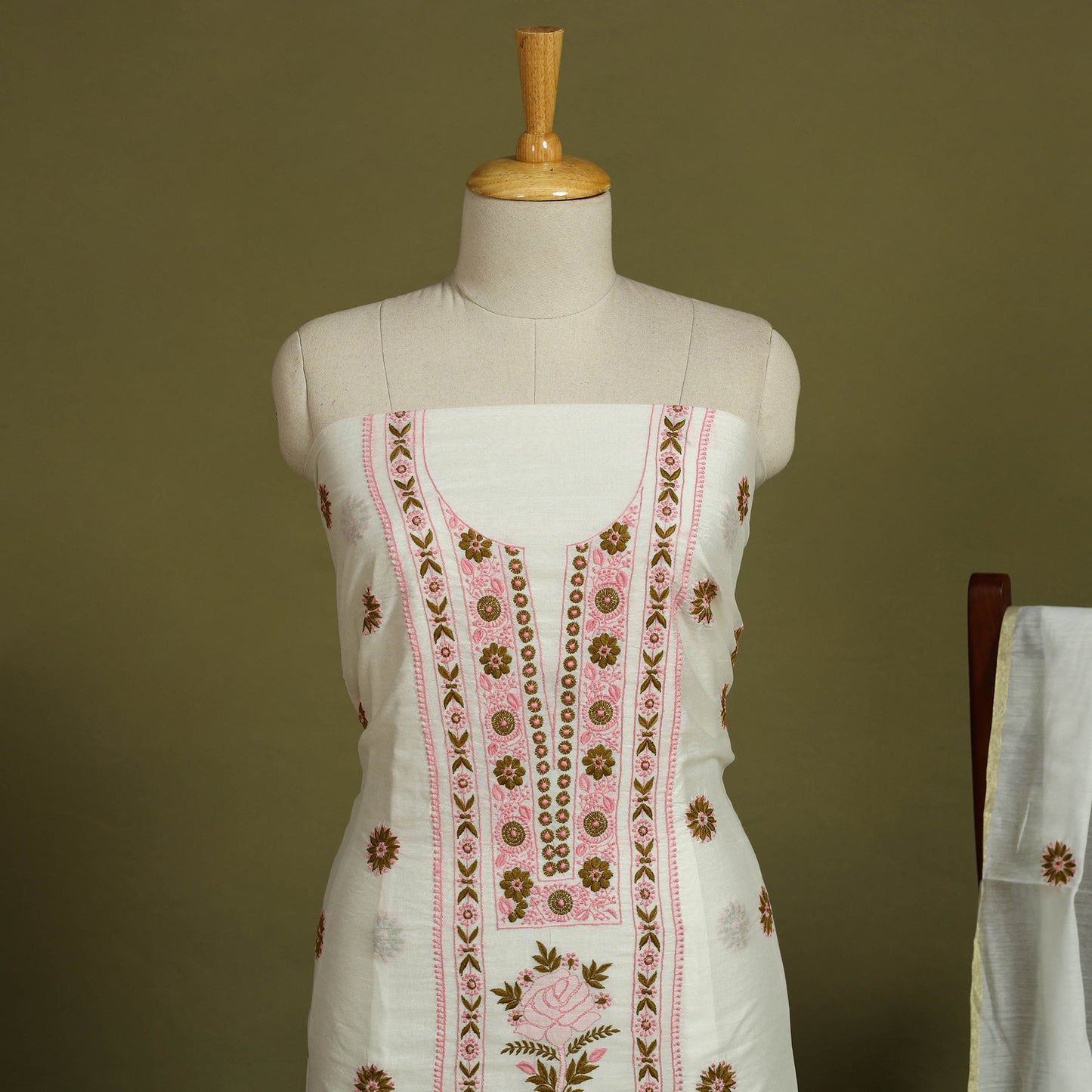 Buy 2pc White Hand Embroidery Chanderi Silk Chikankari Dress Material