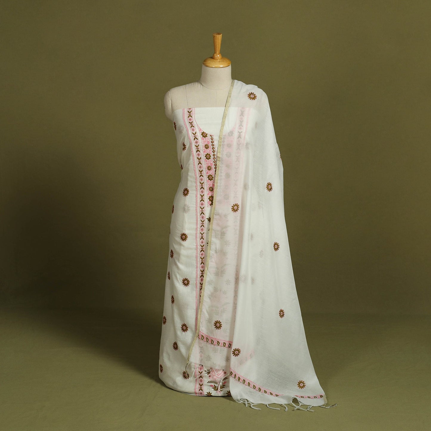 Buy 2pc White Hand Embroidery Chanderi Silk Chikankari Dress Material
