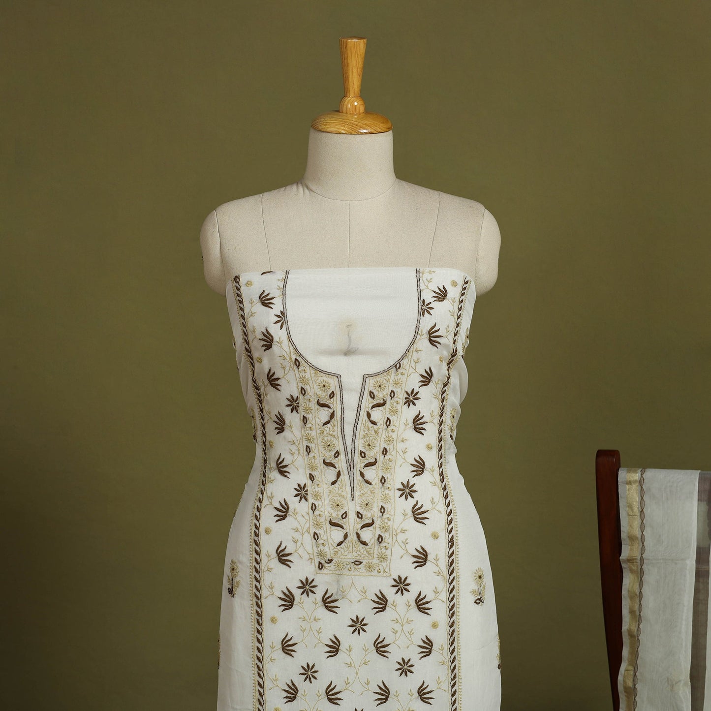 2pc White Hand Embroidery Chanderi Silk Chikankari Dress Material
