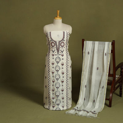 2pc White Hand Embroidery Chanderi Silk Chikankari Dress Material