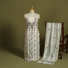 2pc White Hand Embroidery Chanderi Silk Chikankari Dress Material