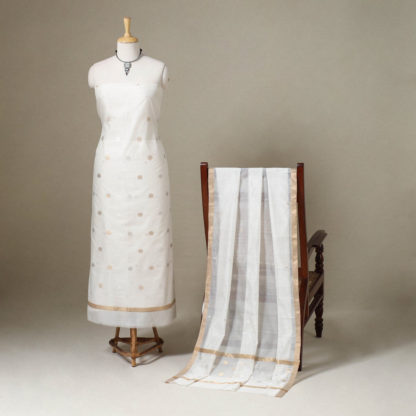 White - 2pc handloom zari buta chanderi silk unstitched