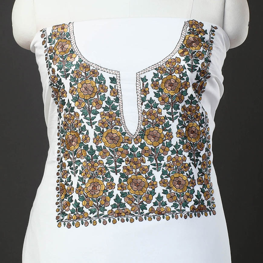  White 2pc Kashida Hand Embroidery Cotton Dress Material