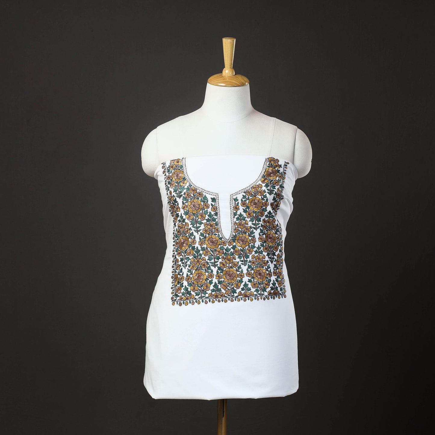  White 2pc Kashida Hand Embroidery Cotton Dress Material